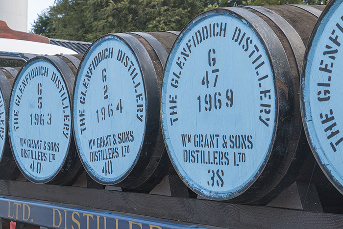 A row of Glenfiddich whisky barrels