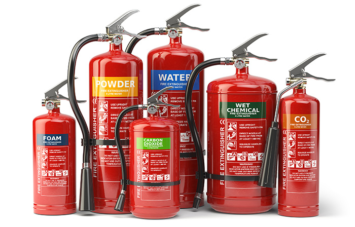A row of fire extinguishers