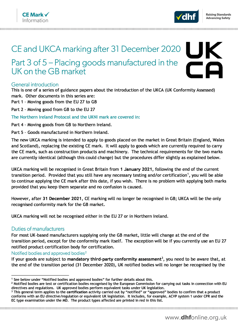 One of DHF’s guidance documents on CE and UKCA marking after 31 December