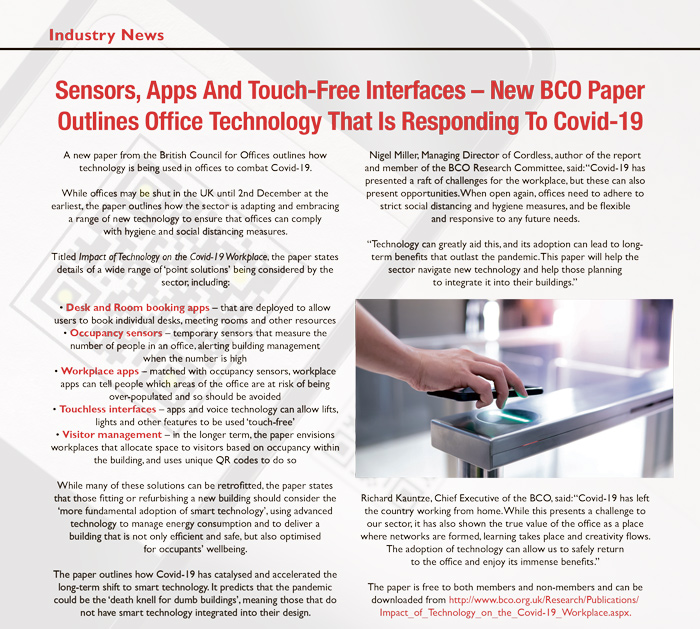 Sensors, Apps And Touch-Free Interfaces – New BCO Paper Outlines Office Technology That Is Responding To Covid-19