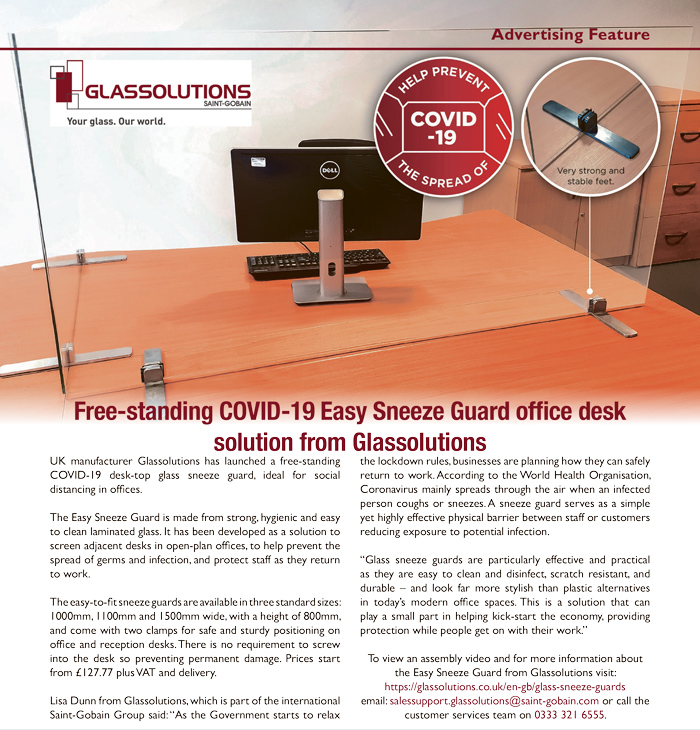 Free-standing COVID-19 Easy Sneeze Guard office desk solution from Glassolutions