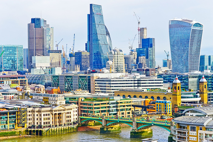 The magnificent London skyline, with the Thames River in front