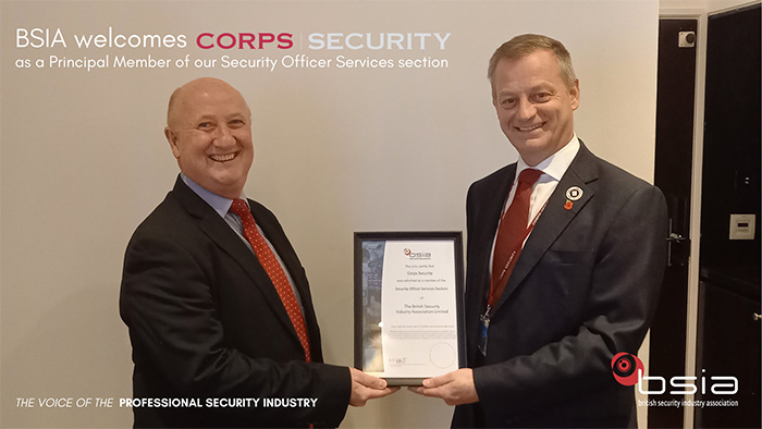 Corps Security Rejoins BSIA - BSIA CEO Mike Reddington presented Corps CEO Mike Bullock with a membership certificate at Corps’ London head office