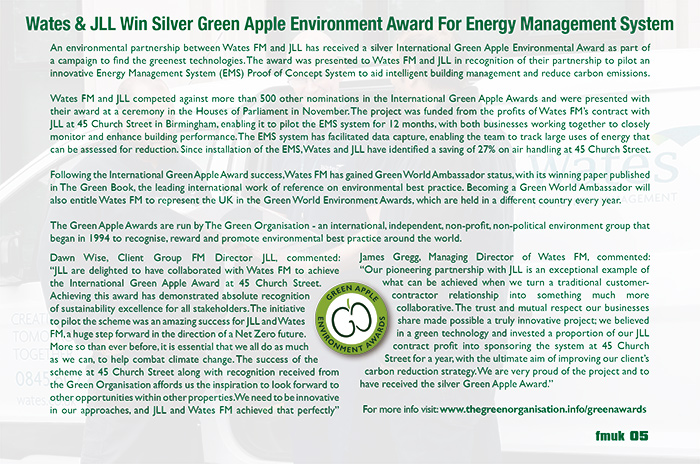 Wates & JLL Win Silver Green Apple Environment Award For Energy Management System