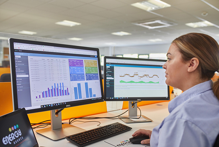 A woman using the Energy Assets energy data analytics system on a computer