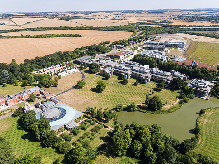 An aerial image of the splendid Wellcome Genome Campus