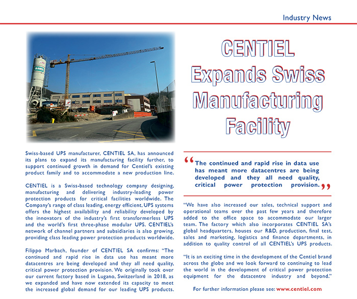 CENTIEL Expands Swiss Manufacturing Facility