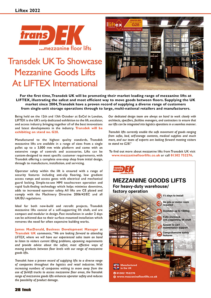 Transdek UK To Showcase Mezzanine Goods Lifts At LIFTEX International